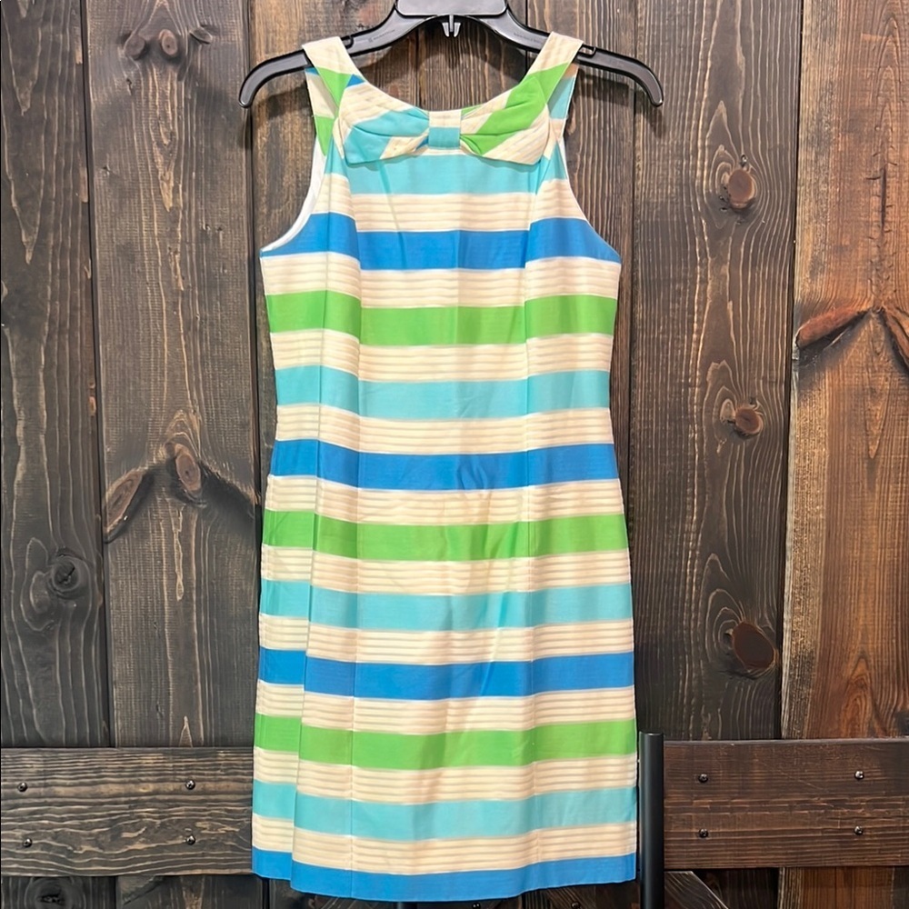 Lilly Pulitzer Striped Dress 4 Henley Bowtie Silk Sheath Preppy Resortwear Blue